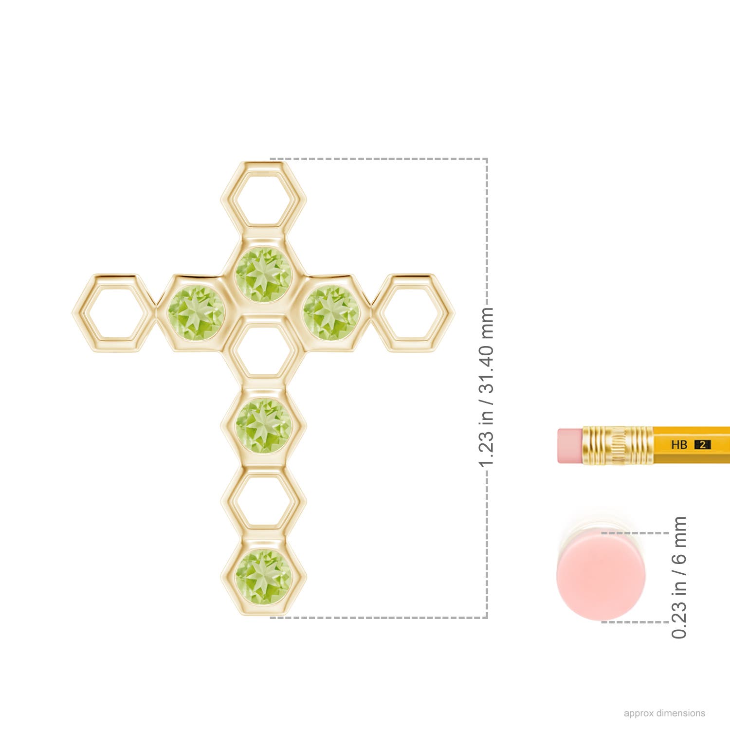 3mm AAA Natori x Angara Hexagonal Alternate Peridot Cross Pendant in Yellow Gold - ruler