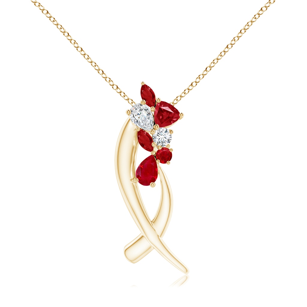 6x4mm AAA Natori x Angara Cascading Multi-Shape Ruby & Diamond Sumi Stroke Slider Pendant in Yellow Gold