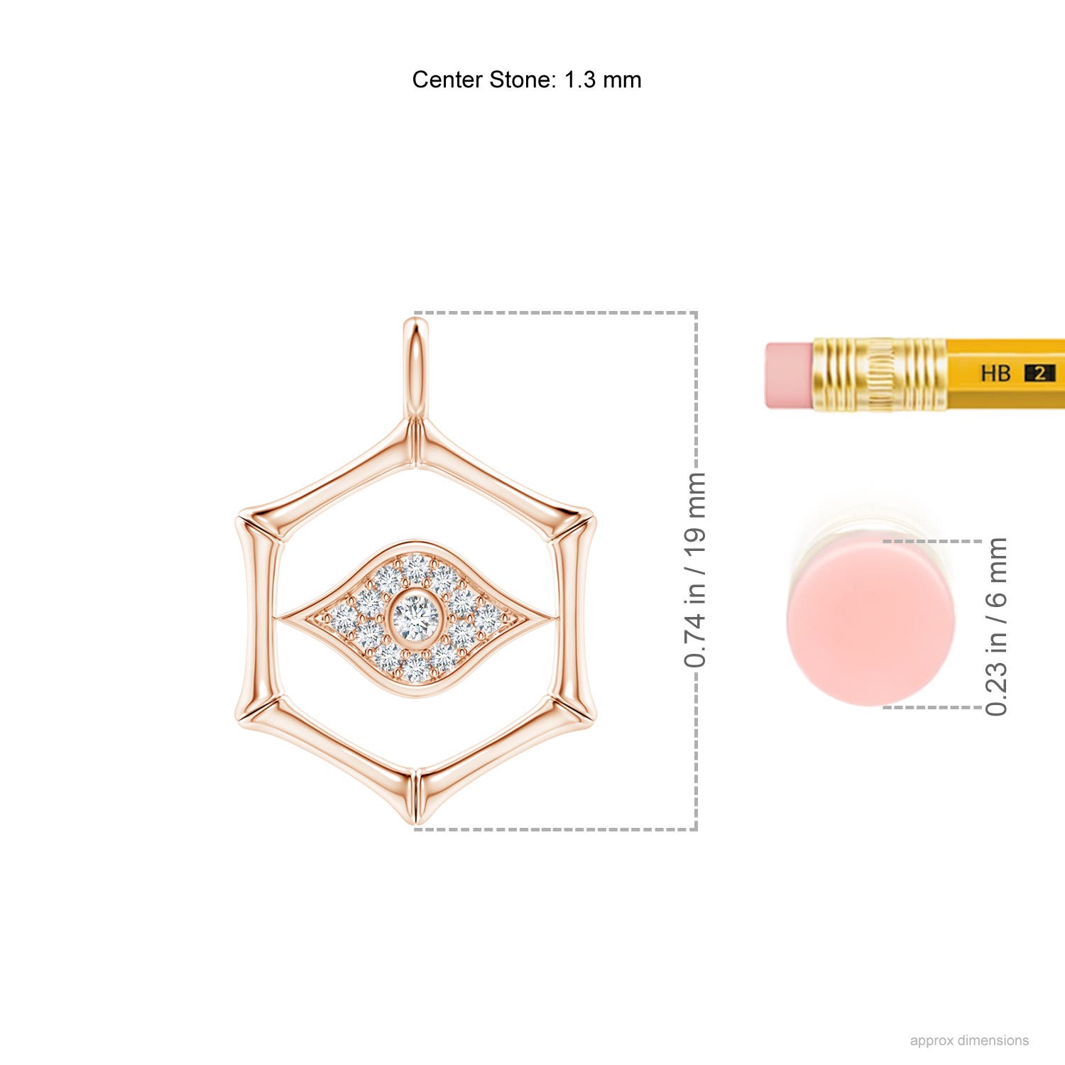 1.3mm IJI1I2 Natori x Angara Hexagonal Indochine Bamboo Evil Eye Pendant with Diamond in Rose Gold - ruler
