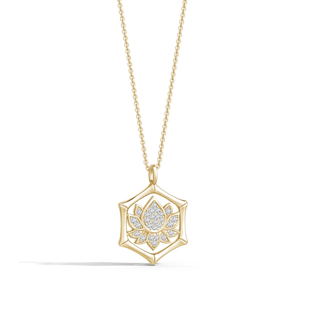 1mm IJI1I2 Natori x Angara Hexagonal Indochine Bamboo Lotus  Pendant with Diamond in Yellow Gold - lifestyle 4