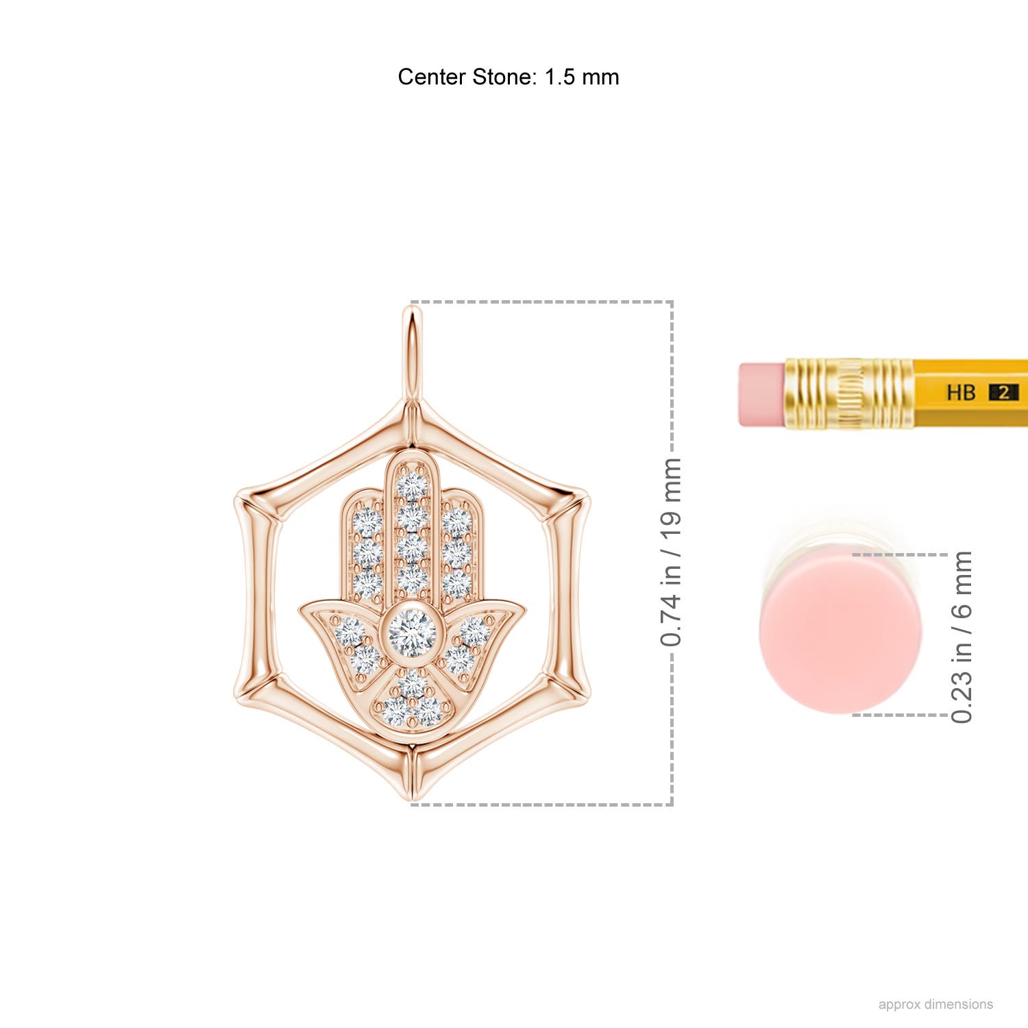 1.5mm IJI1I2 Natori x Angara Hexagonal Indochine Bamboo Hamsa Pendant with Diamond in Rose Gold - ruler