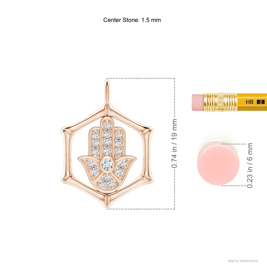 1.5mm IJI1I2 Natori x Angara Hexagonal Indochine Bamboo Hamsa Pendant with Diamond in Rose Gold Ruler