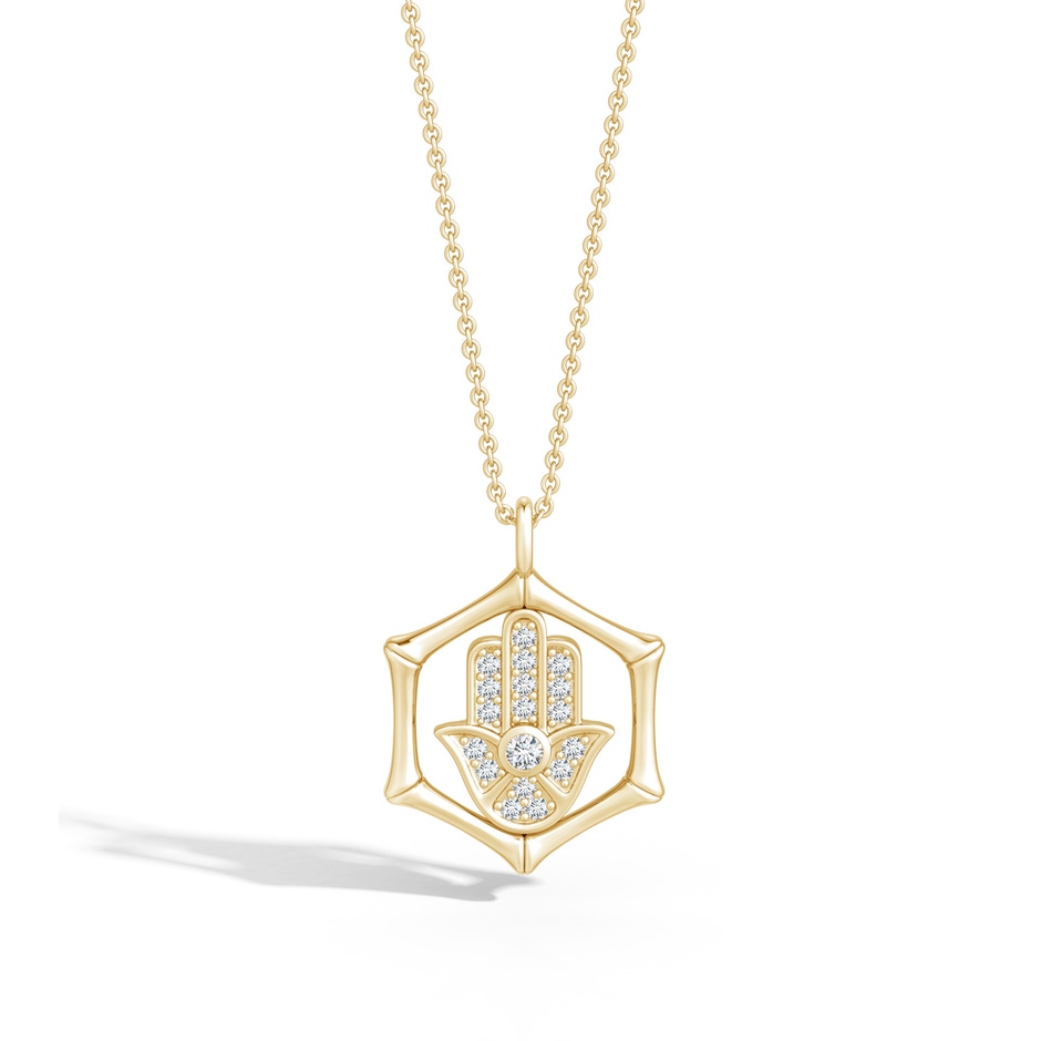 1.5mm IJI1I2 Natori x Angara Hexagonal Indochine Bamboo Hamsa Pendant with Diamond in Yellow Gold lifestyle