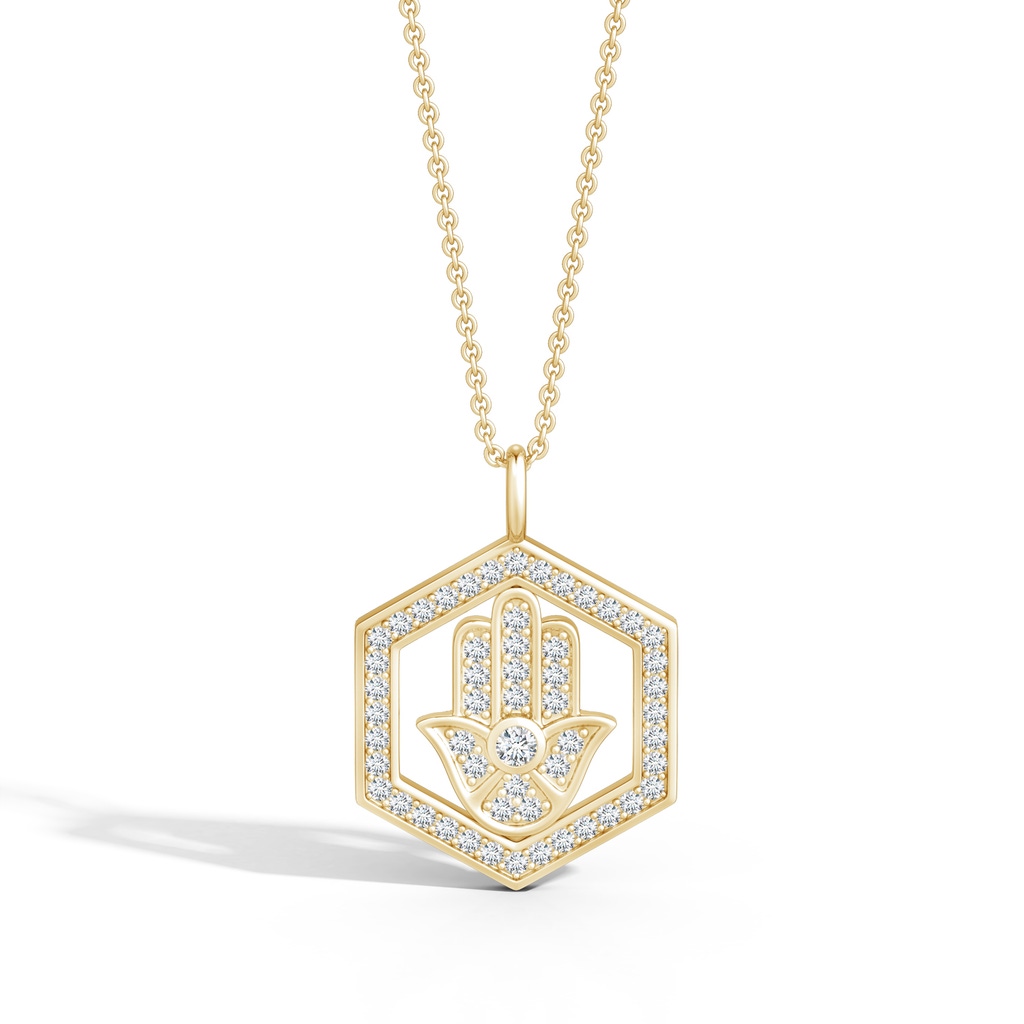 1.5mm IJI1I2 Natori x Angara Hexagonal Diamond Hamsa Pendant in Yellow Gold Lifestyle