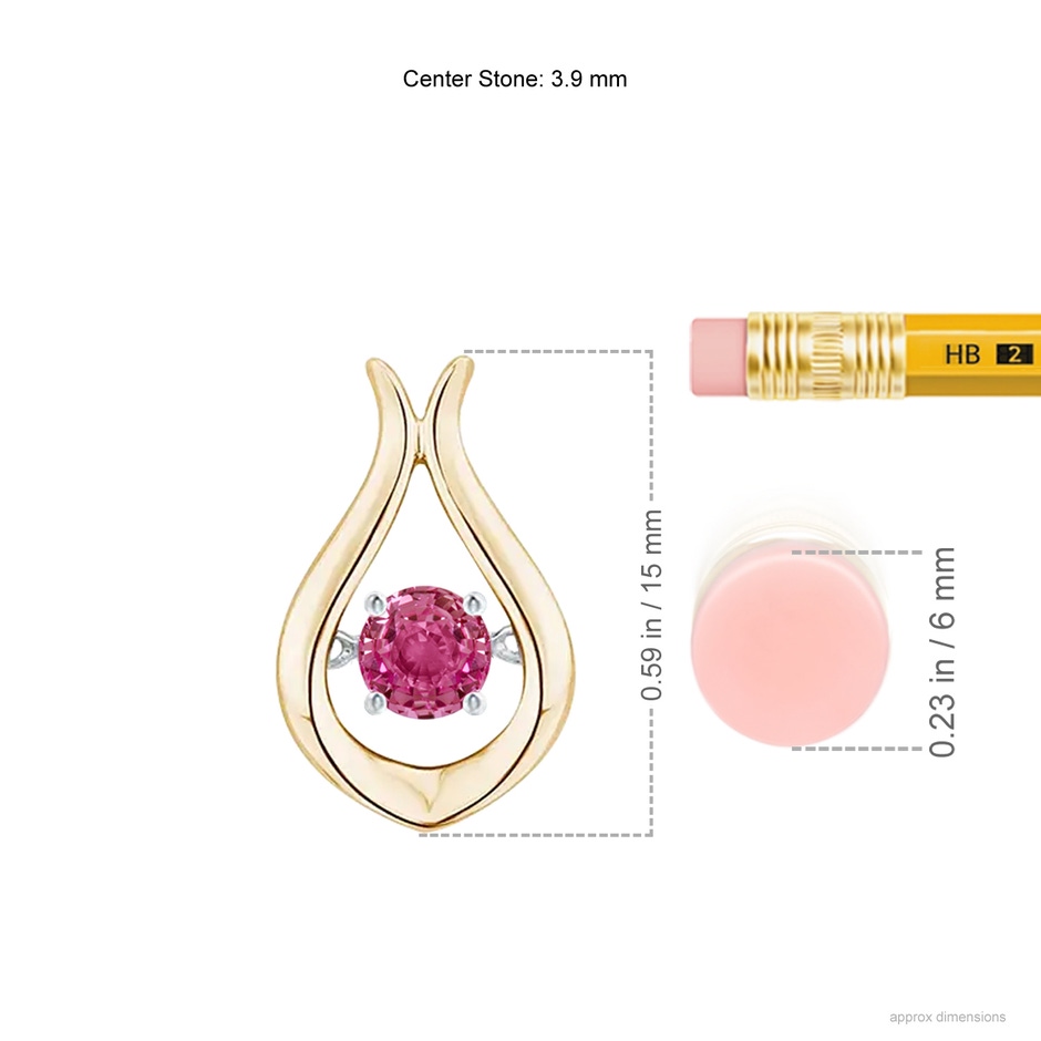 3.9mm AAAA Dancing Pink Sapphire Solitaire Drop Pendant in Yellow Gold ruler