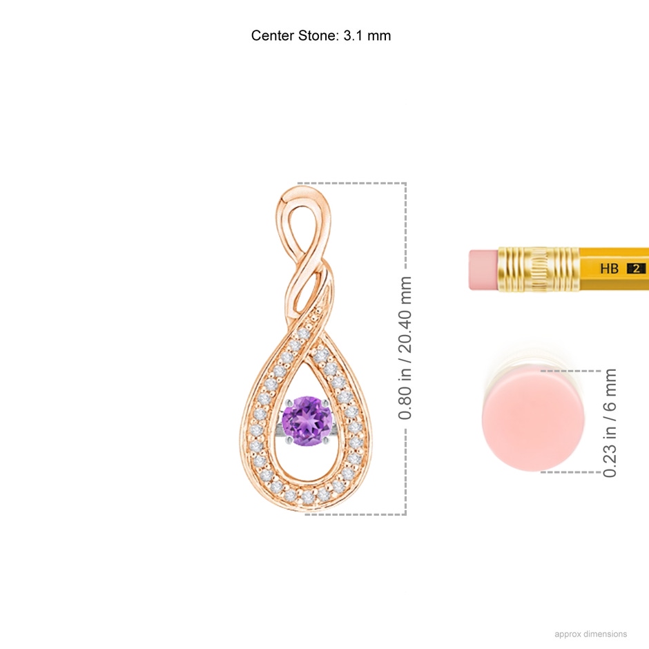 3.1mm AAAA Dancing Amethyst Infinity Loop Pendant with Diamonds in Rose Gold ruler