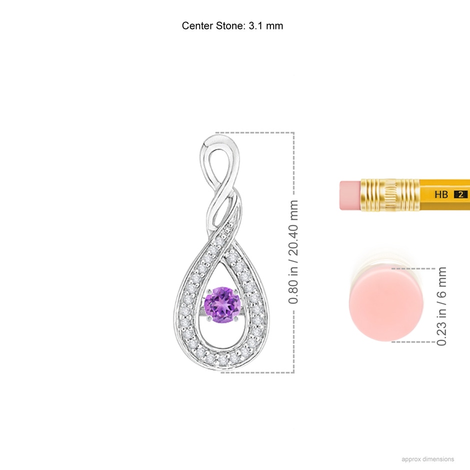 3.1mm AAAA Dancing Amethyst Infinity Loop Pendant with Diamonds in White Gold ruler