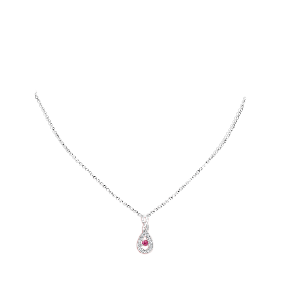 3.1mm AAAA Dancing Pink Sapphire Infinity Loop Pendant with Diamonds in White Gold body-neck