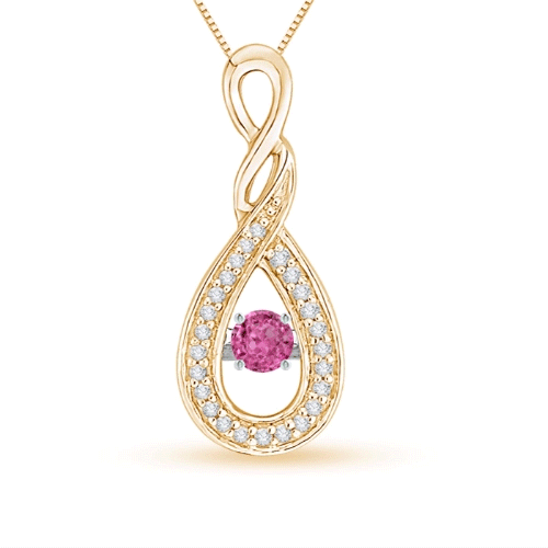 3.1mm AAAA Dancing Pink Sapphire Infinity Loop Pendant with Diamonds in Yellow Gold