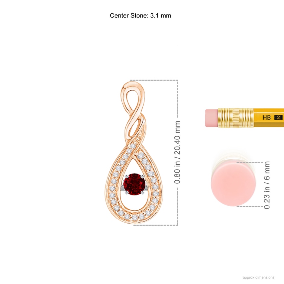 3.1mm AAAA Dancing Ruby Infinity Loop Pendant with Diamonds in Rose Gold ruler