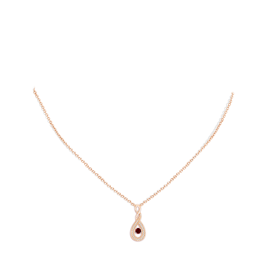 3.1mm AAAA Dancing Ruby Infinity Loop Pendant with Diamonds in Rose Gold body-neck