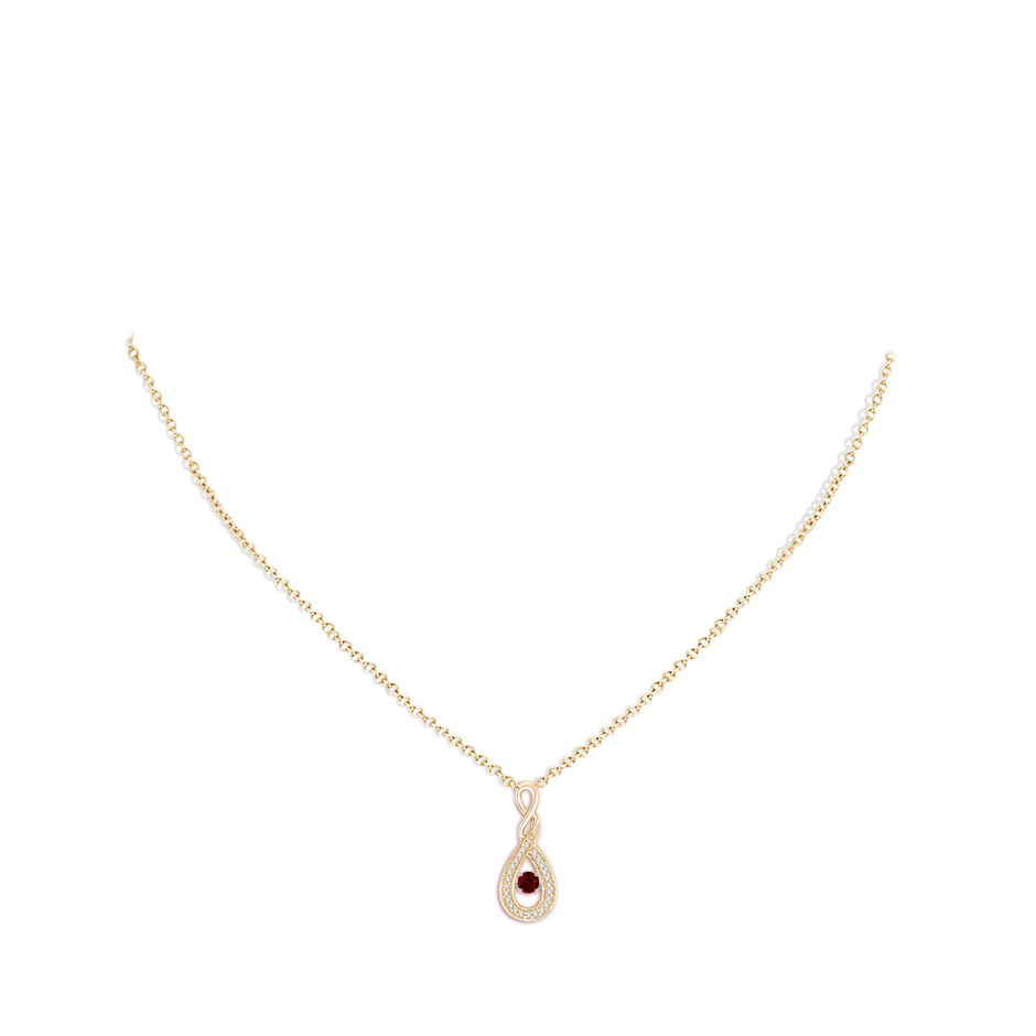 3.1mm AAAA Dancing Ruby Infinity Loop Pendant with Diamonds in Yellow Gold body-neck