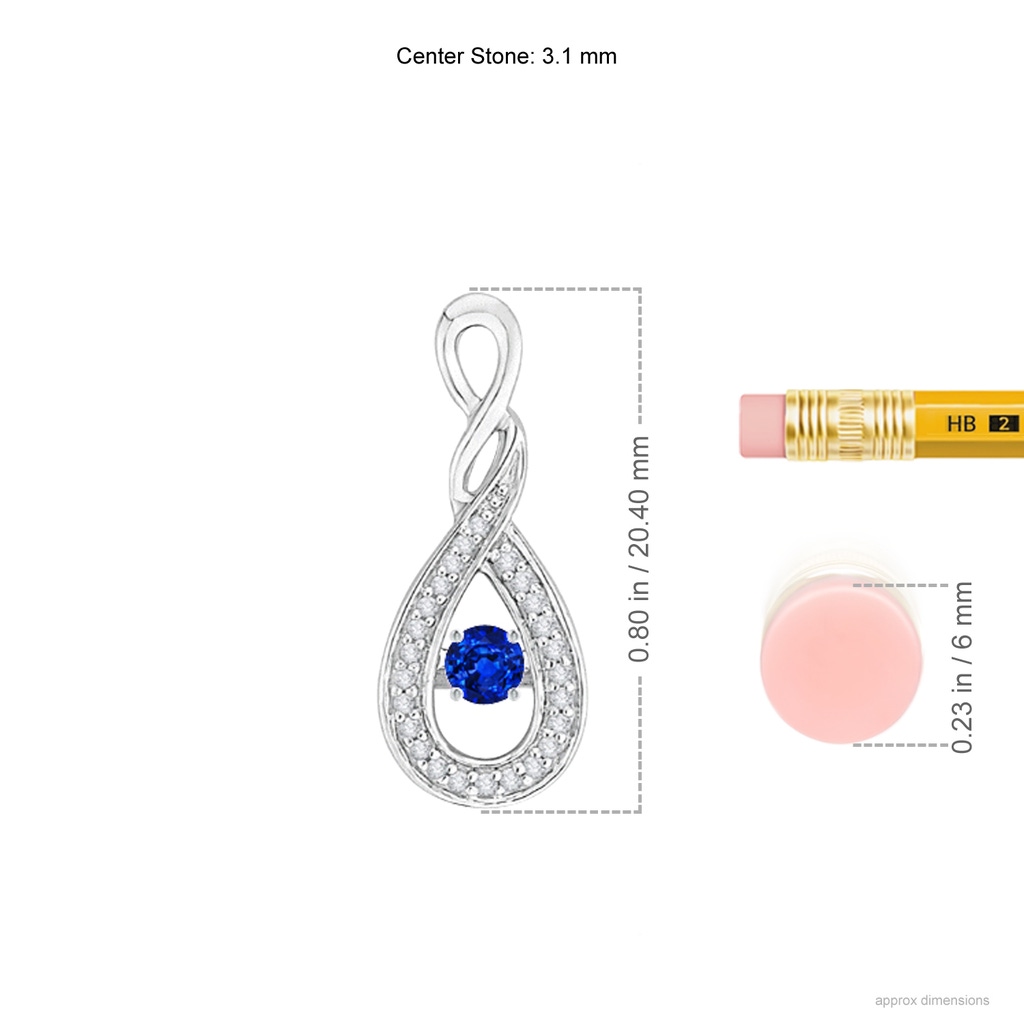 3.1mm AAAA Dancing Sapphire Infinity Loop Pendant with Diamonds in White Gold Ruler