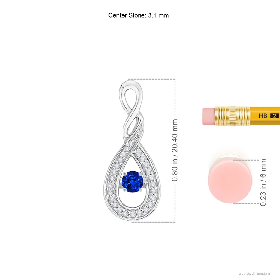 3.1mm AAAA Dancing Sapphire Infinity Loop Pendant with Diamonds in White Gold ruler