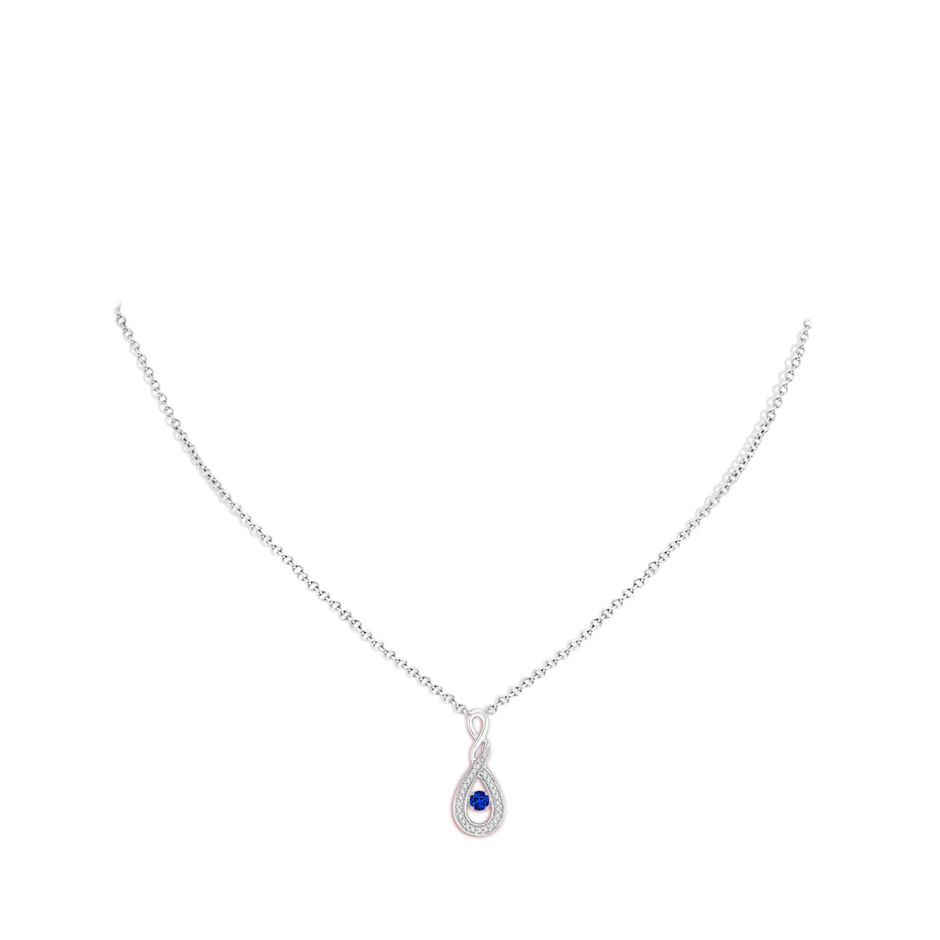 3.1mm AAAA Dancing Sapphire Infinity Loop Pendant with Diamonds in White Gold body-neck