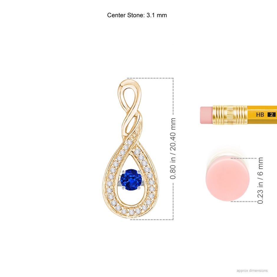 3.1mm AAAA Dancing Sapphire Infinity Loop Pendant with Diamonds in Yellow Gold ruler