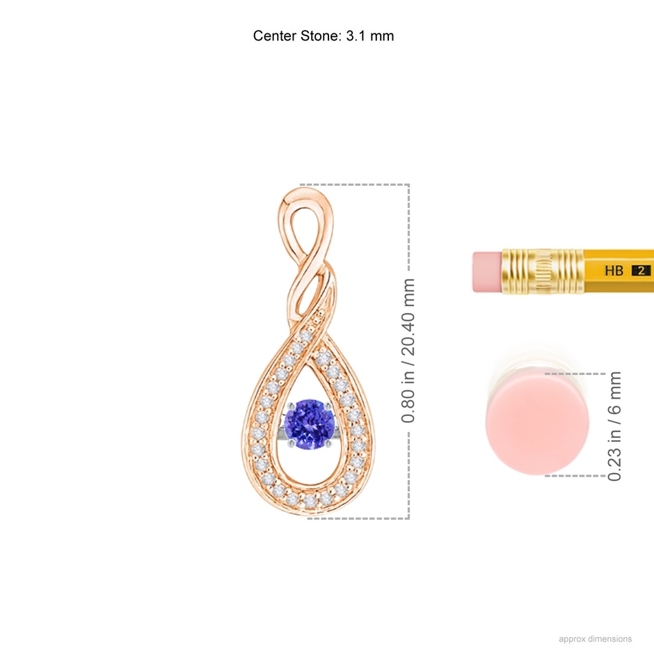 3.1mm AAAA Dancing Tanzanite Infinity Loop Pendant with Diamonds in Rose Gold ruler