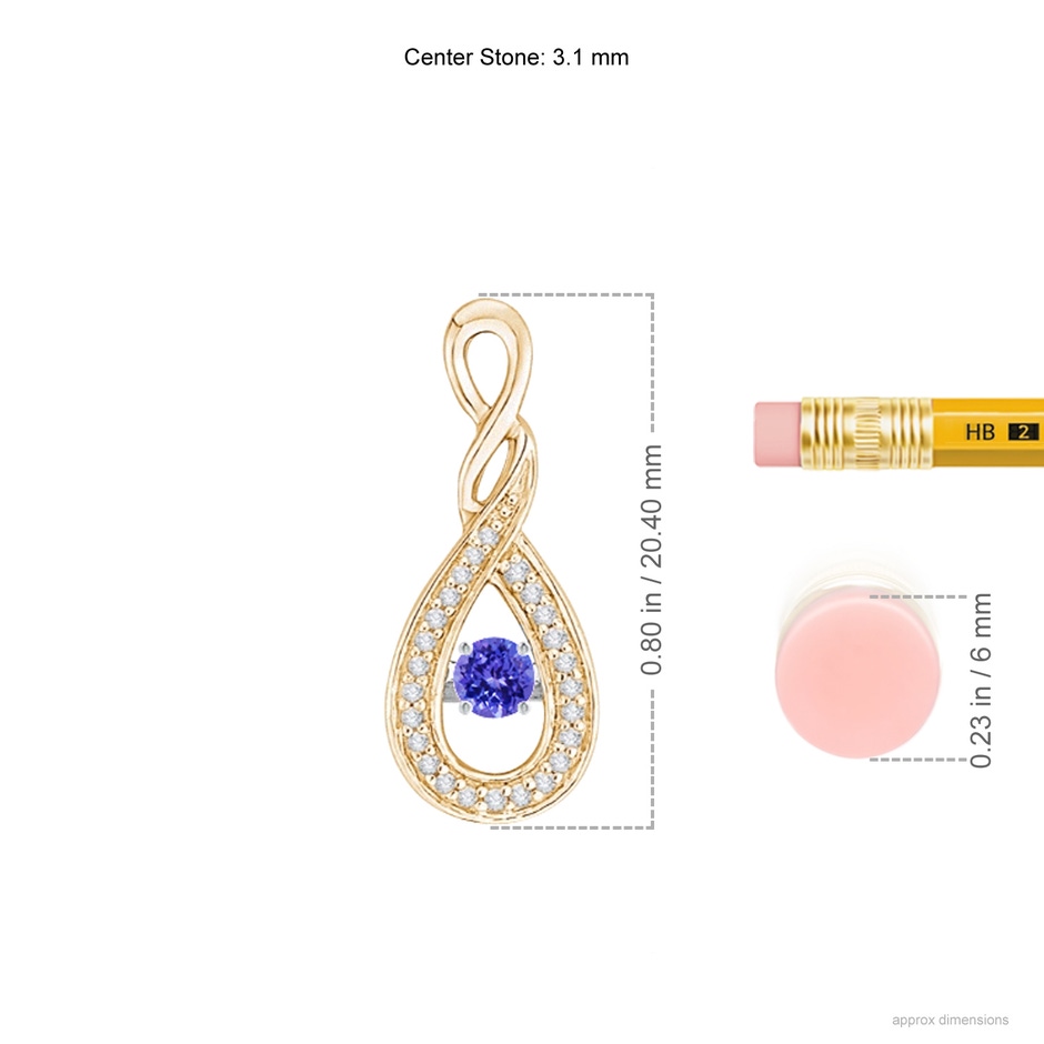 3.1mm AAAA Dancing Tanzanite Infinity Loop Pendant with Diamonds in Yellow Gold ruler