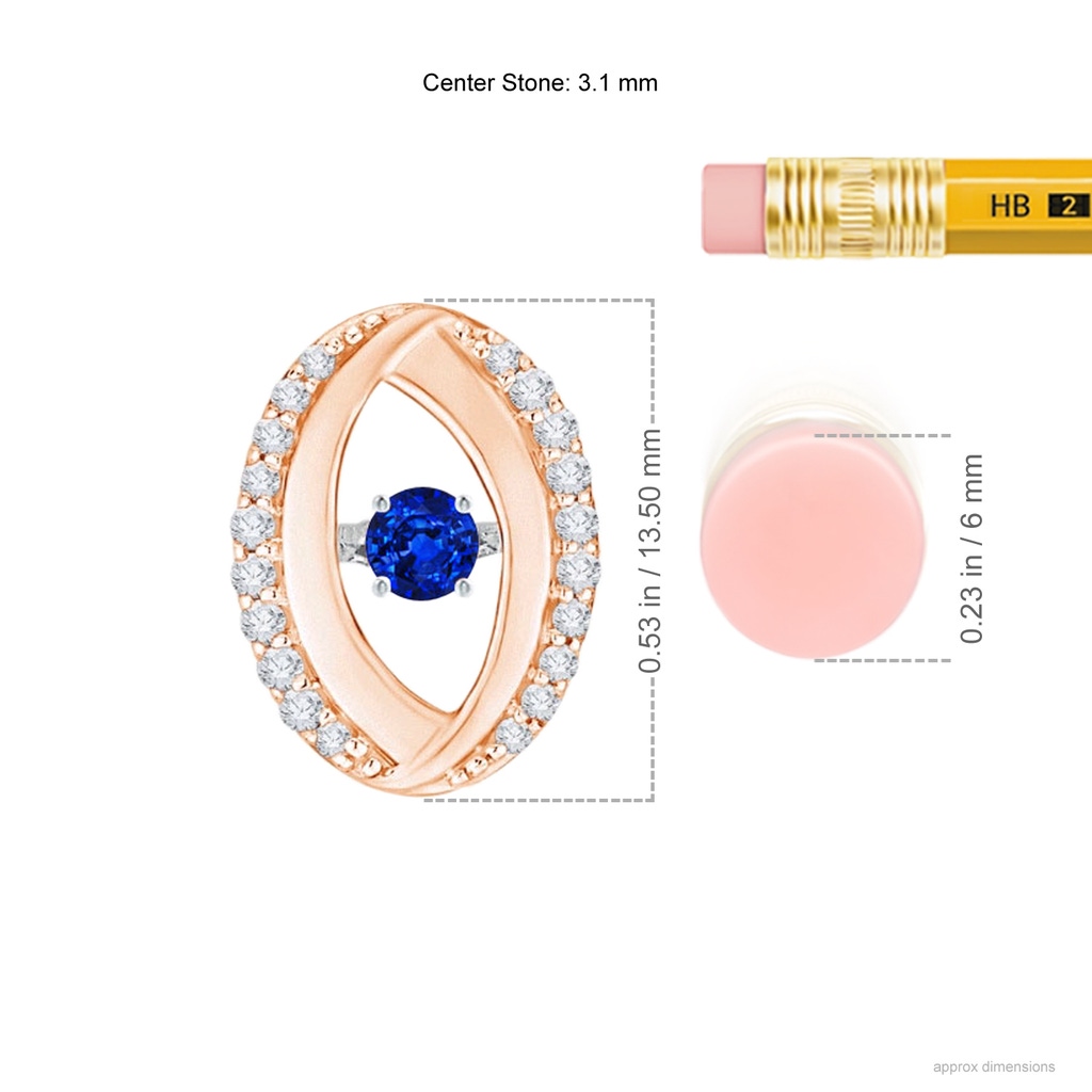 3.1mm AAAA Dancing Sapphire Pendant with Diamond Oval Frame in Rose Gold Ruler