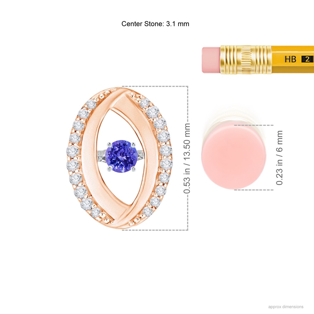 3.1mm AAAA Dancing Tanzanite Pendant with Diamond Oval Frame in Rose Gold Ruler