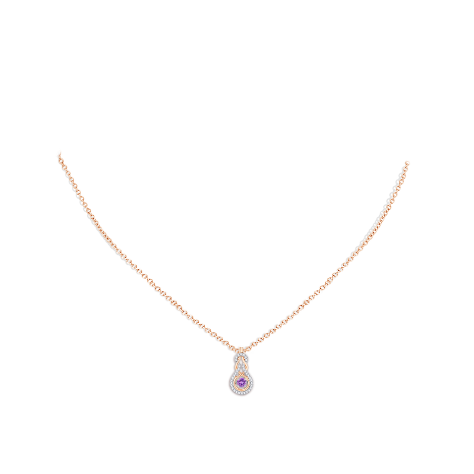 3mm AAAA Dancing Amethyst Infinity Knot Pendant with Diamonds in Rose Gold body-neck