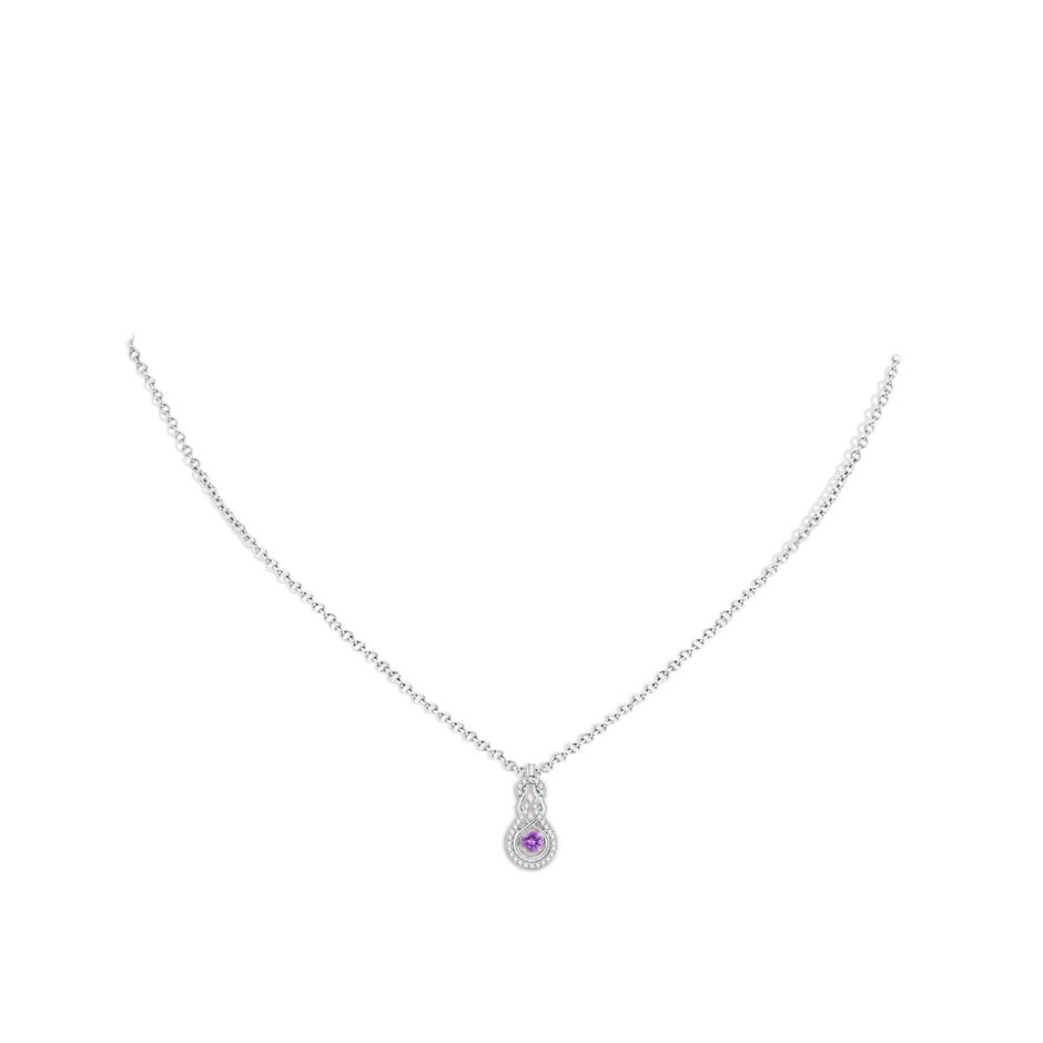 3mm AAAA Dancing Amethyst Infinity Knot Pendant with Diamonds in White Gold body-neck