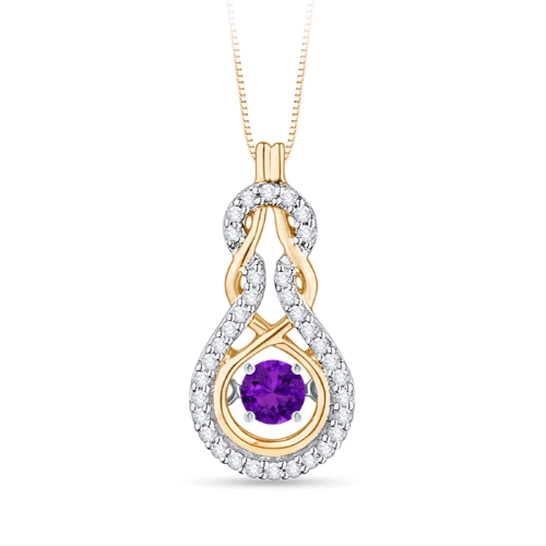 3mm AAAA Dancing Amethyst Infinity Knot Pendant with Diamonds in Yellow Gold