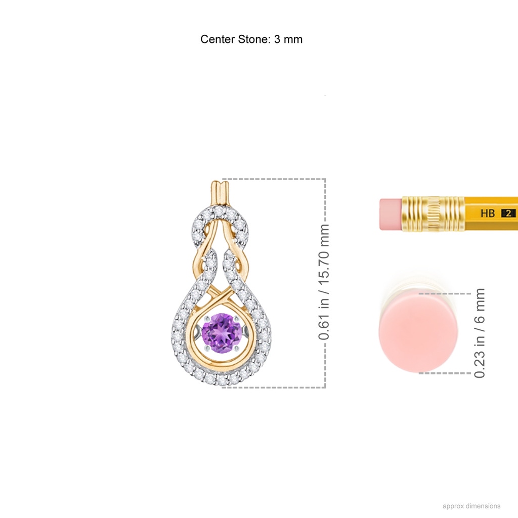 3mm AAAA Dancing Amethyst Infinity Knot Pendant with Diamonds in Yellow Gold Ruler