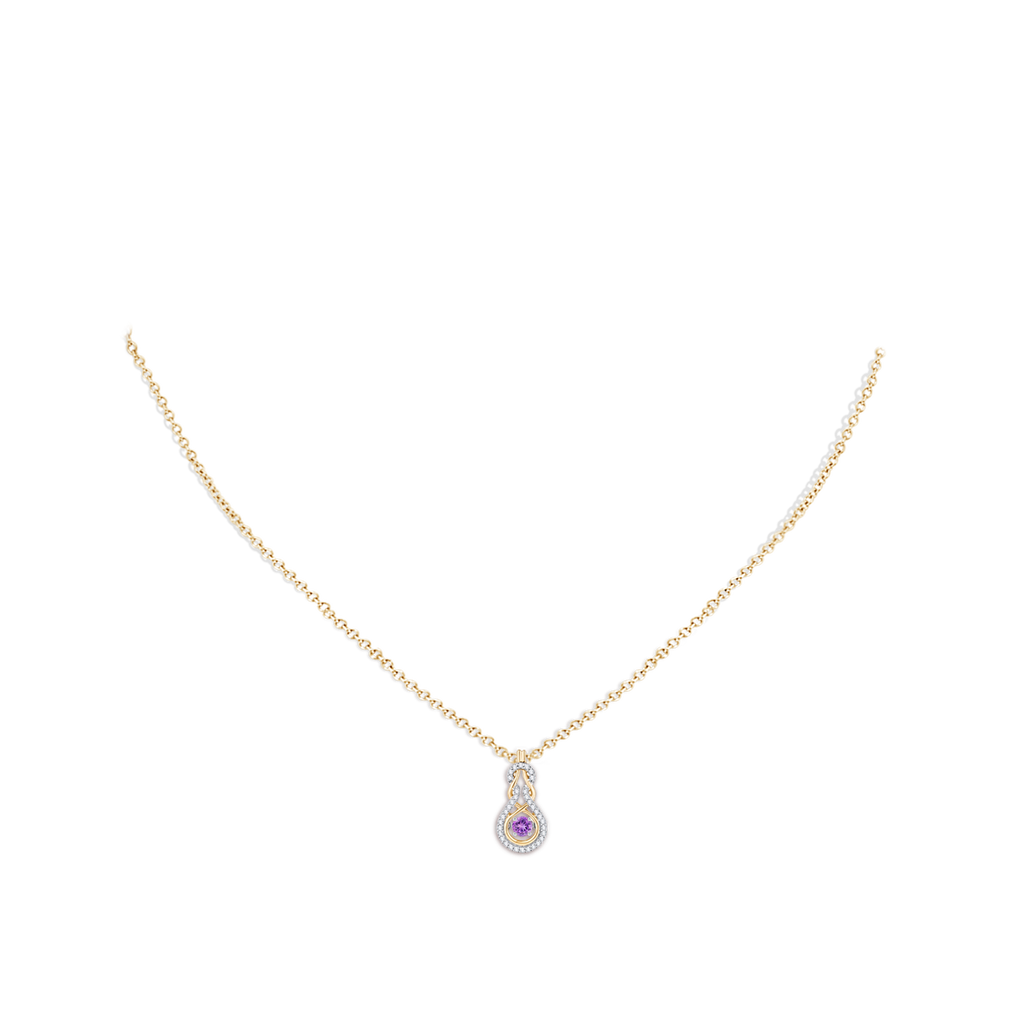 3mm AAAA Dancing Amethyst Infinity Knot Pendant with Diamonds in Yellow Gold Body-Neck