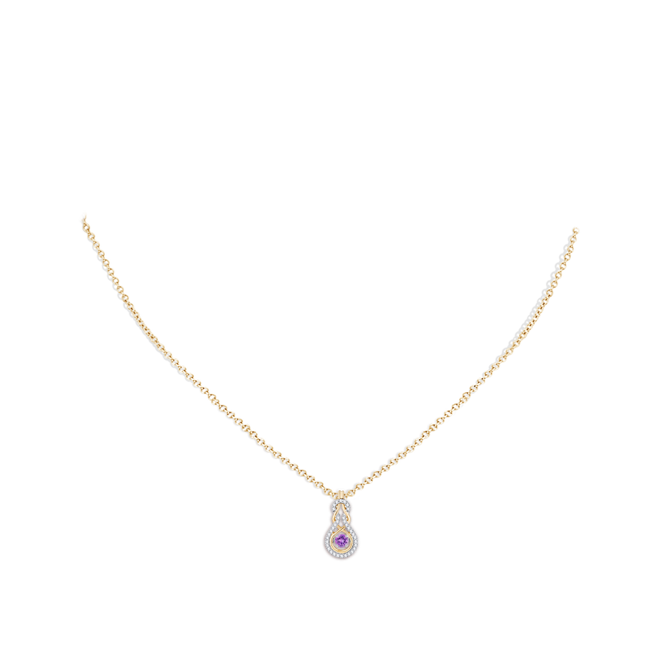 3mm AAAA Dancing Amethyst Infinity Knot Pendant with Diamonds in Yellow Gold body-neck