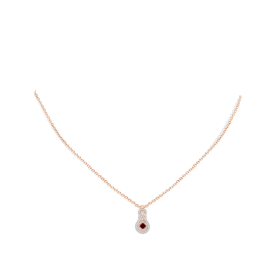 3mm AAAA Dancing Ruby Infinity Knot Pendant with Diamonds in Rose Gold body-neck