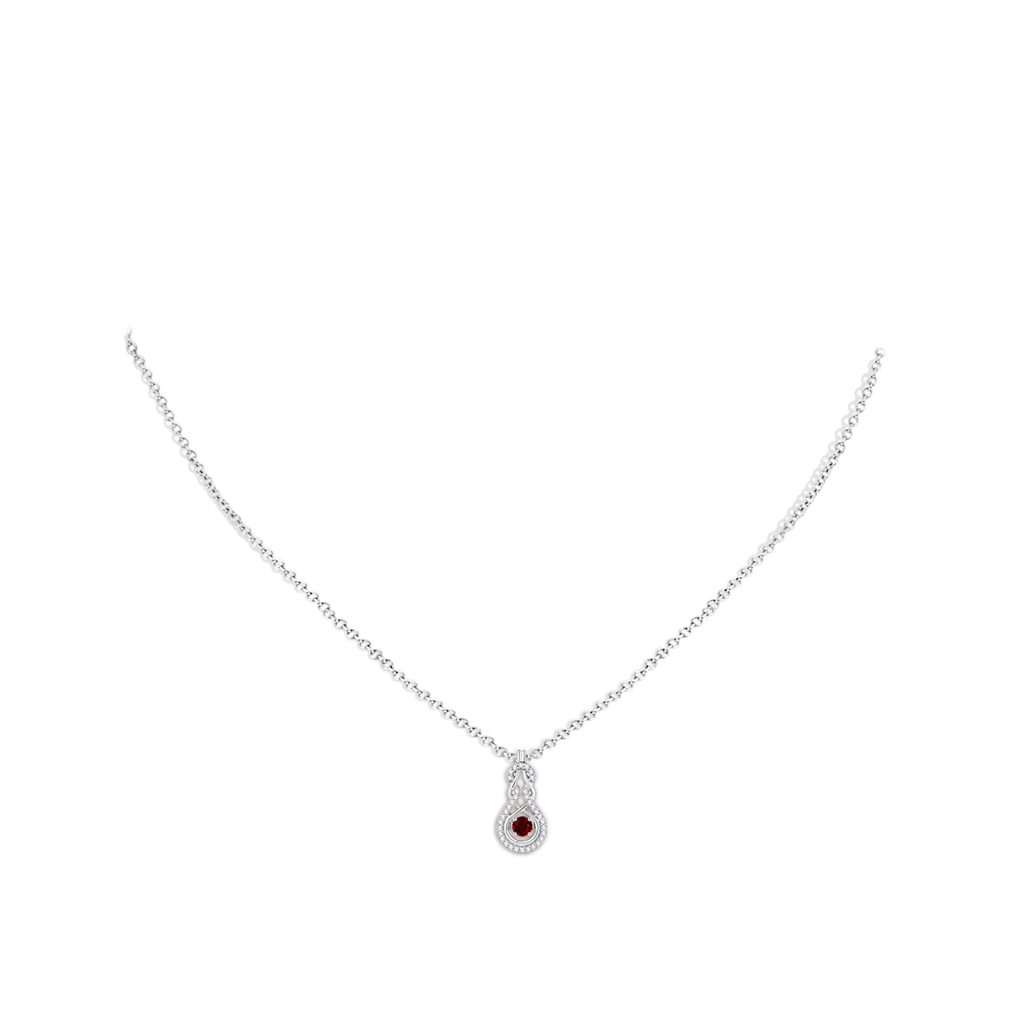 3mm AAAA Dancing Ruby Infinity Knot Pendant with Diamonds in White Gold Body-Neck