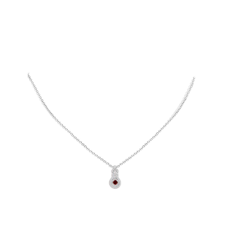 3mm AAAA Dancing Ruby Infinity Knot Pendant with Diamonds in White Gold body-neck