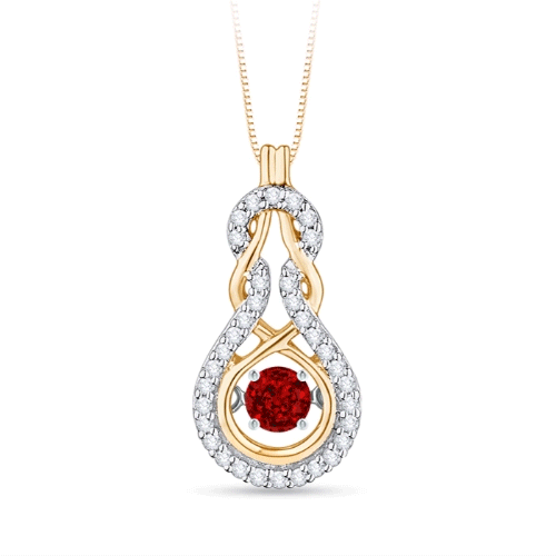 3mm AAAA Dancing Ruby Infinity Knot Pendant with Diamonds in Yellow Gold