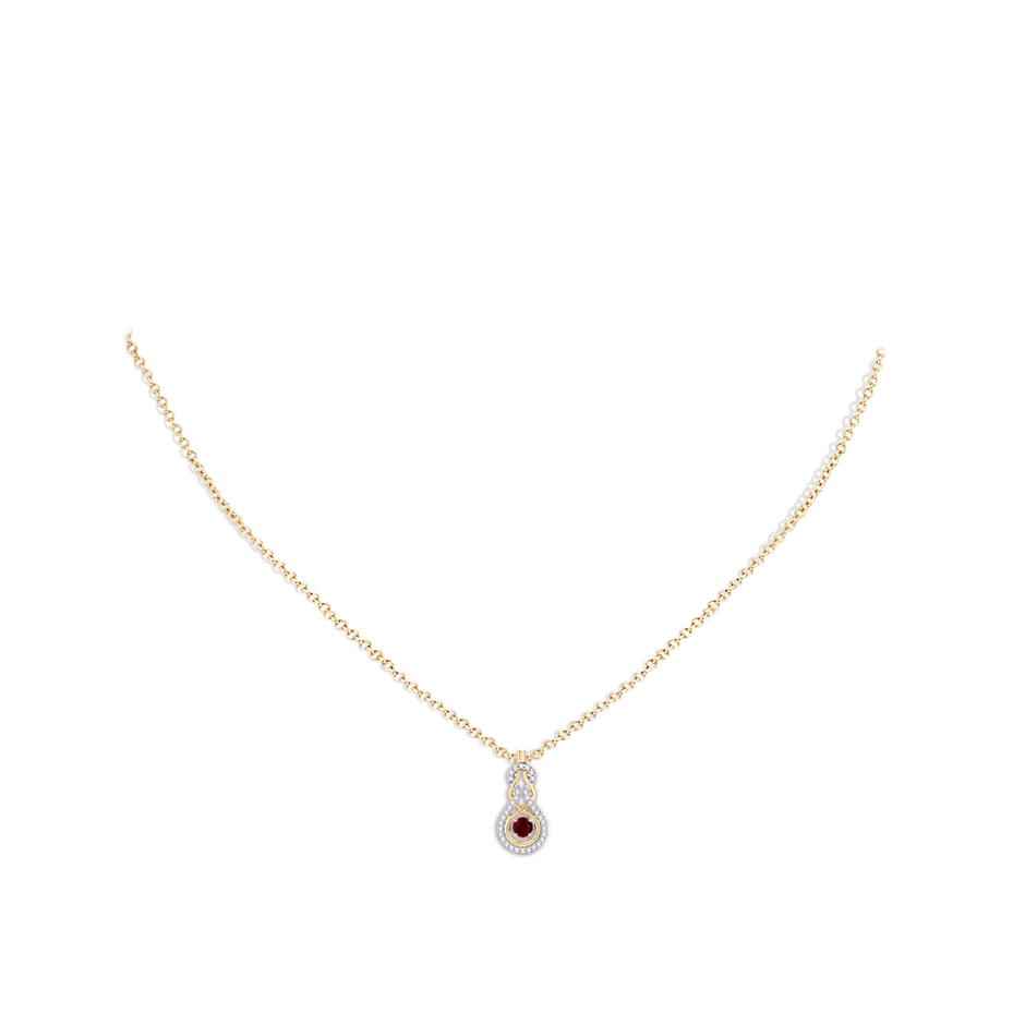 3mm AAAA Dancing Ruby Infinity Knot Pendant with Diamonds in Yellow Gold body-neck