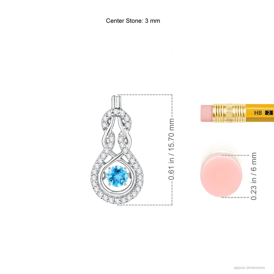 3mm AAAA Dancing Swiss Blue Topaz Infinity Knot Pendant with Diamonds in S999 Silver ruler