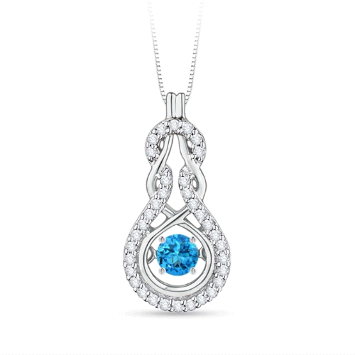 3mm AAAA Dancing Swiss Blue Topaz Infinity Knot Pendant with Diamonds in White Gold