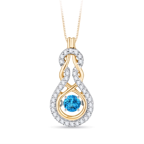 3mm AAAA Dancing Swiss Blue Topaz Infinity Knot Pendant with Diamonds in Yellow Gold 