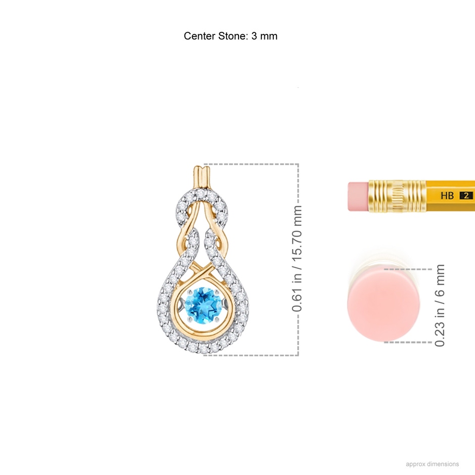 3mm AAAA Dancing Swiss Blue Topaz Infinity Knot Pendant with Diamonds in Yellow Gold ruler
