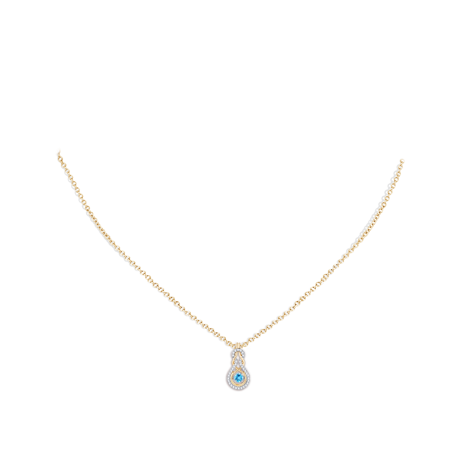 3mm AAAA Dancing Swiss Blue Topaz Infinity Knot Pendant with Diamonds in Yellow Gold body-neck