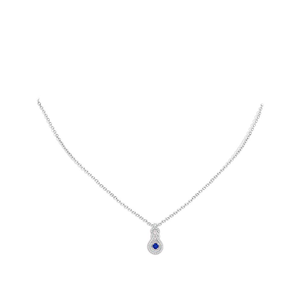 3mm AAAA Dancing Sapphire Infinity Knot Pendant with Diamonds in White Gold Body-Neck