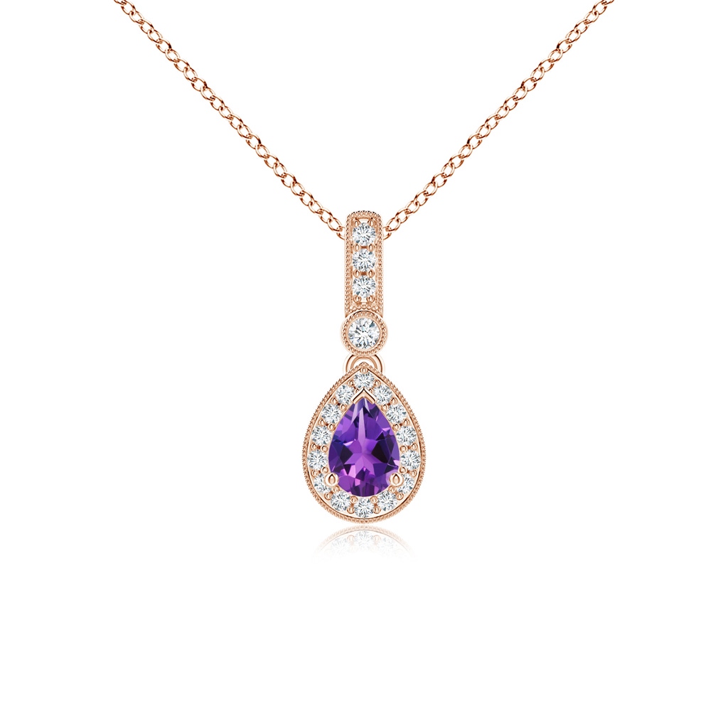 6x4mm AAAA Pear-Shaped Amethyst and pave Diamond Halo Pendant in Rose Gold