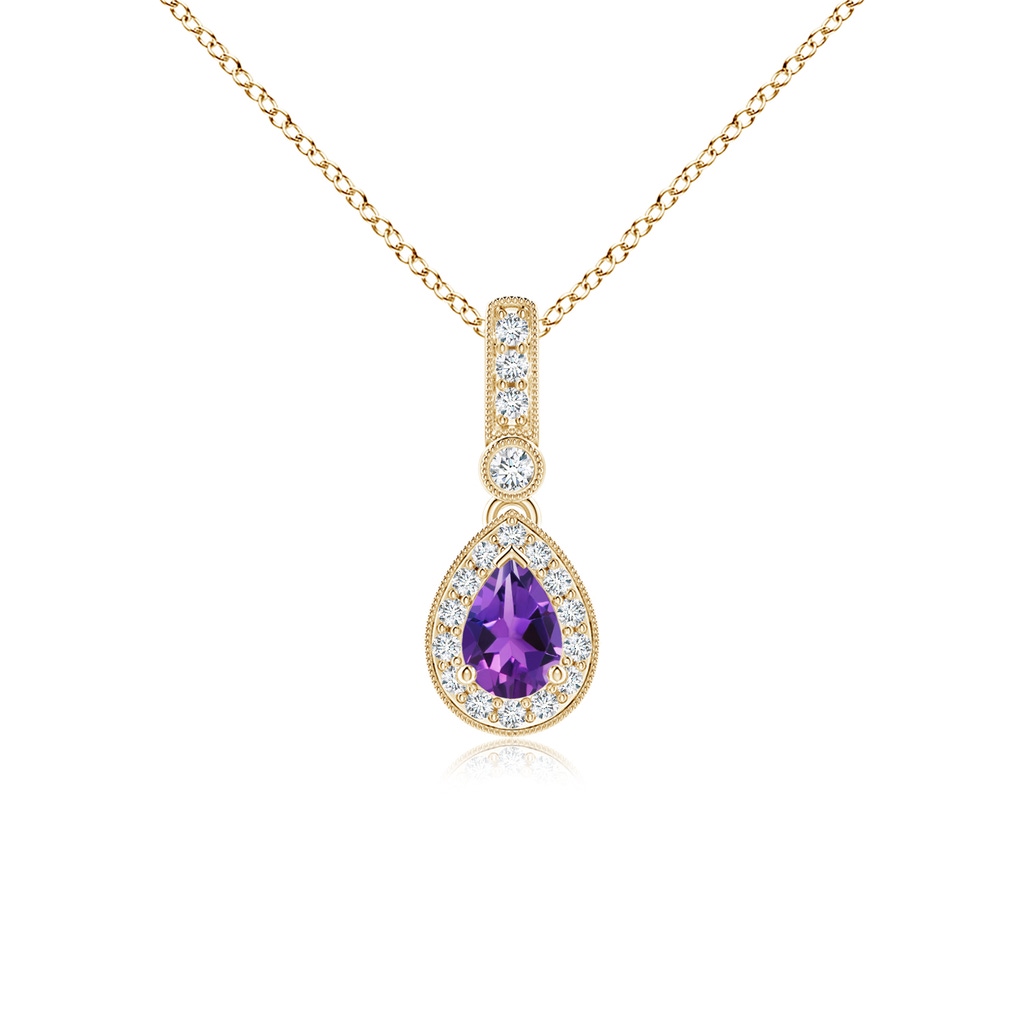 6x4mm AAAA Pear-Shaped Amethyst and pave Diamond Halo Pendant in Yellow Gold