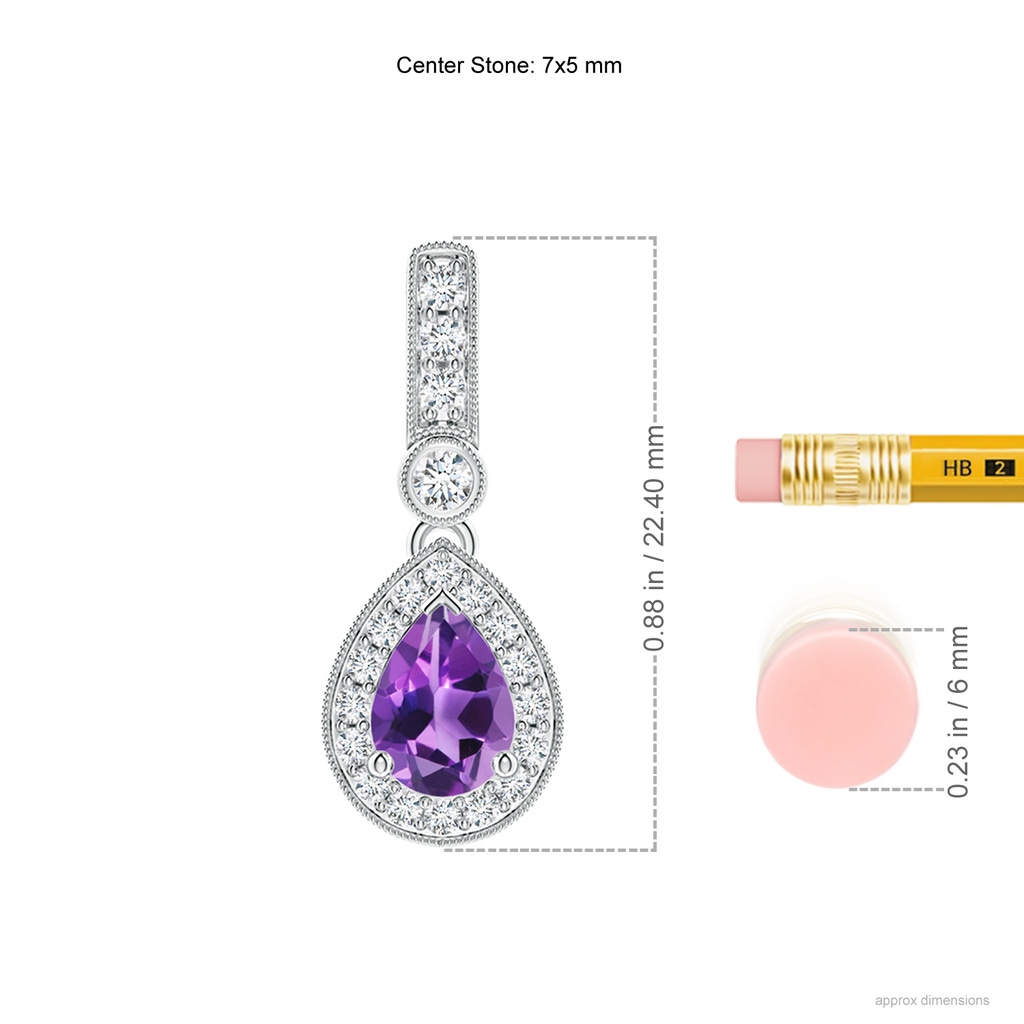 7x5mm AAA Pear-Shaped Amethyst and pave Diamond Halo Pendant in White Gold Ruler