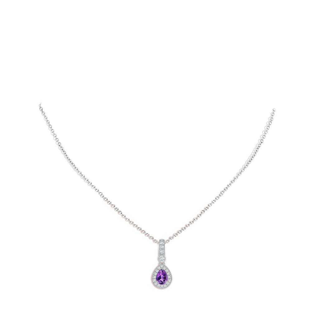 7x5mm AAA Pear-Shaped Amethyst and pave Diamond Halo Pendant in White Gold Body-Neck