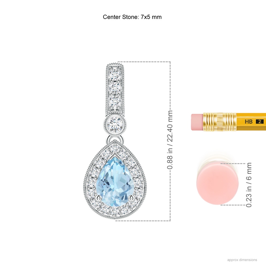 7x5mm AAA Pear-Shaped Aquamarine and pave Diamond Halo Pendant in White Gold Ruler
