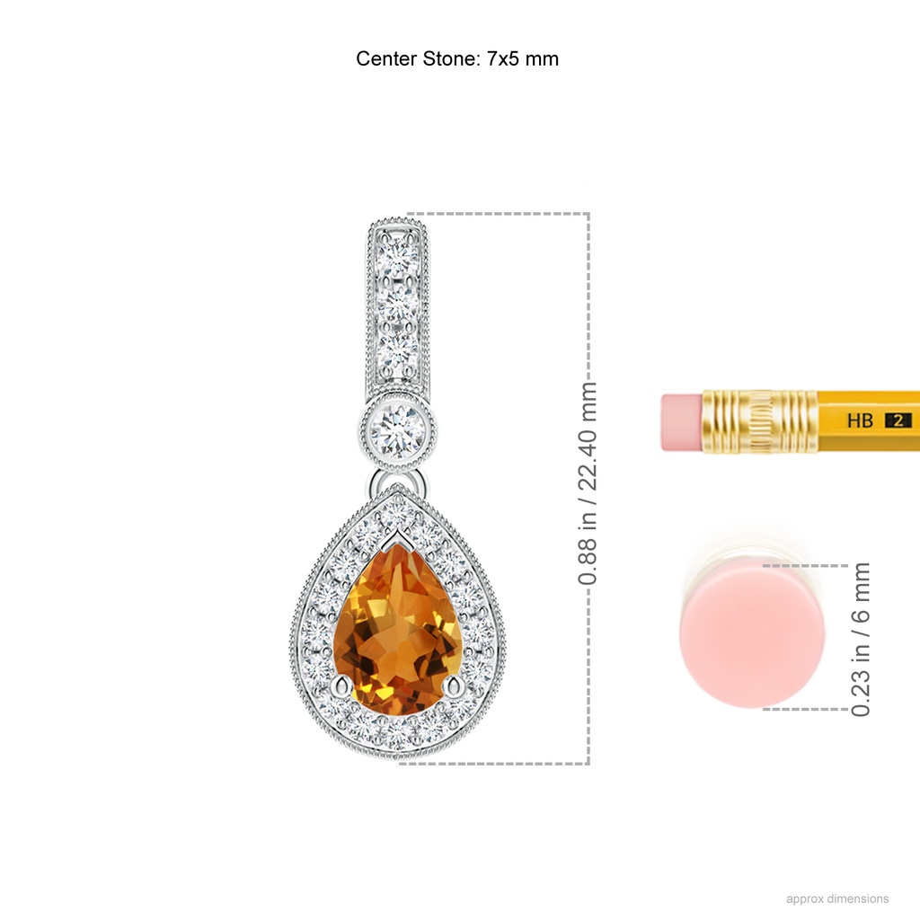 7x5mm AAA Pear-Shaped Citrine and pave Diamond Halo Pendant in White Gold Ruler
