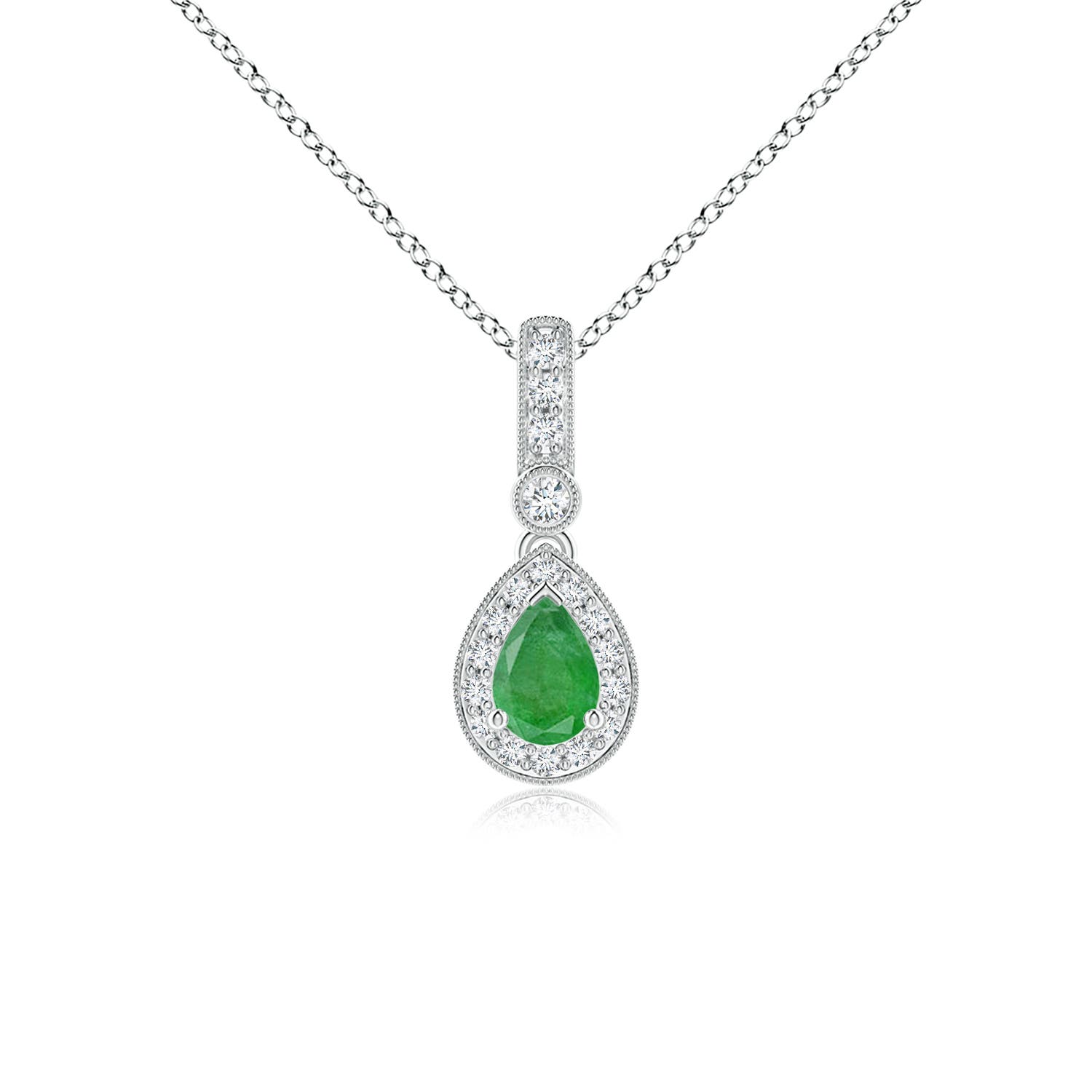 6x4mm A Pear-Shaped Emerald and pave Diamond Halo Pendant in P950 Platinum