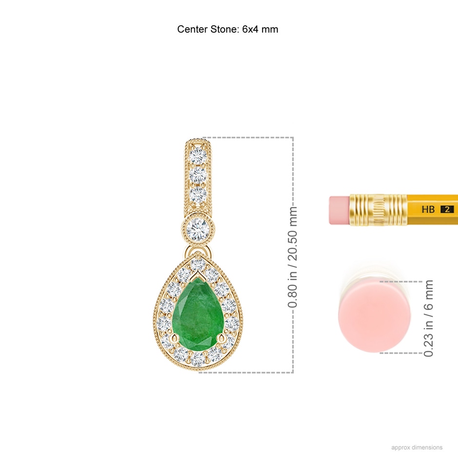6x4mm A Pear-Shaped Emerald and pave Diamond Halo Pendant in Yellow Gold ruler