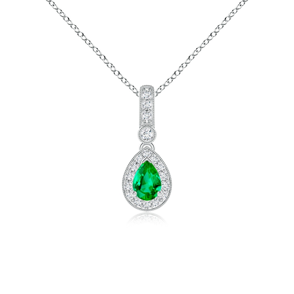 6x4mm AAA Pear-Shaped Emerald and pave Diamond Halo Pendant in White Gold